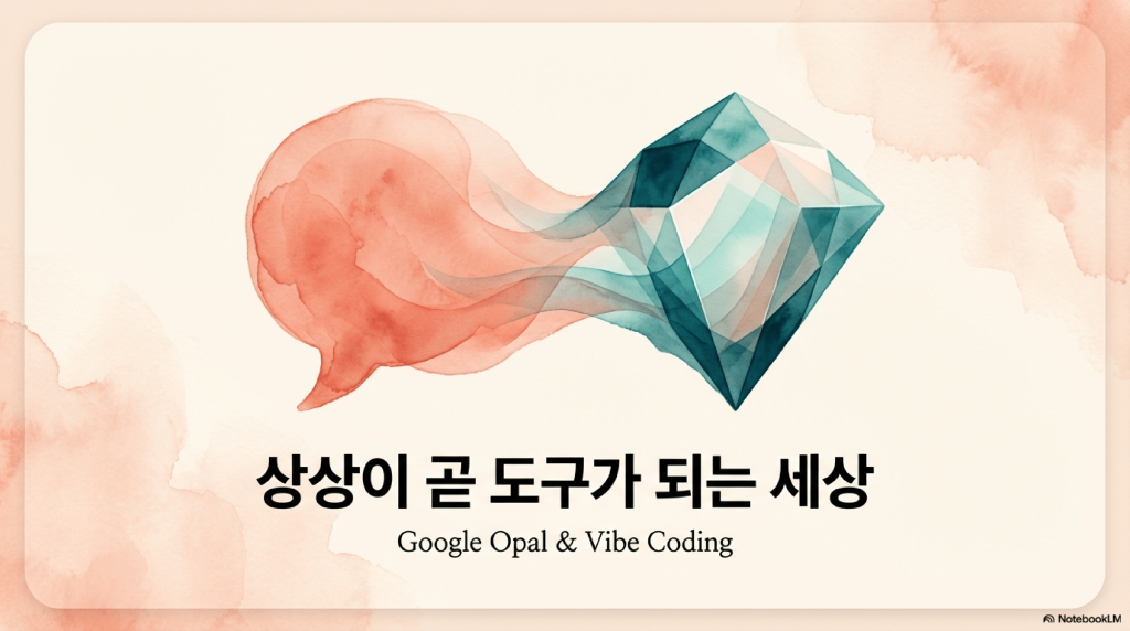 말풍선에서 뿜어져 나오는 유려한 파동과 결합된 거대한 보석 다이아몬드 일러스트, 구글 오팔(Google Opal)과 바이브 코딩 테마