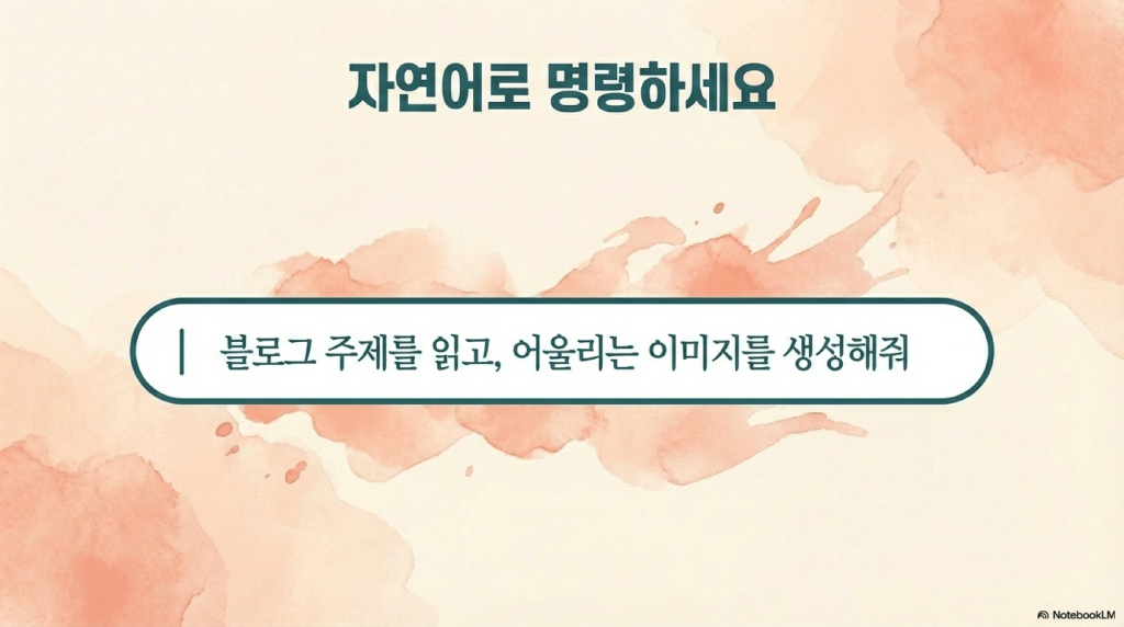 '블로그 주제를 읽고 어울리는 이미지를 생성해줘'라는 프롬프트가 입력된 검색창, 자연어 명령을 통한 AI 워크플로우 실행